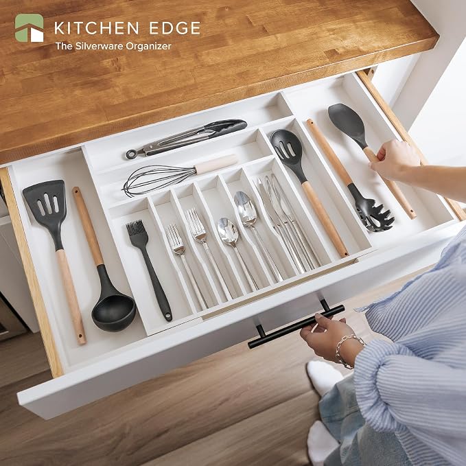KitchenEdge Silverware & Utensil Drawer Organizer, 18-33 in, White Bamboo | Cutlery, flatware, food-safe contract grade, kitchen drawer fit