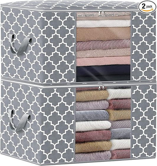 WISELIFE Storage Bags 100L 2-Pack Large Blanket Clothes Organization and Storage Containers for Bedding, Comforters, Foldable Organizer with Reinforced Handle, Clear Window, Sturdy Zippers, Light Grey
