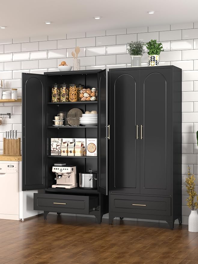 Polup 75" Tall Black Metal Pantry Storage Cabinet with 1 Drawer | Heavy-Duty Steel Kitchen Cabinet, 3 Adjustable Shelves & Magnetic Doors, Leveling Feet, for Dining Living Room, Laundry