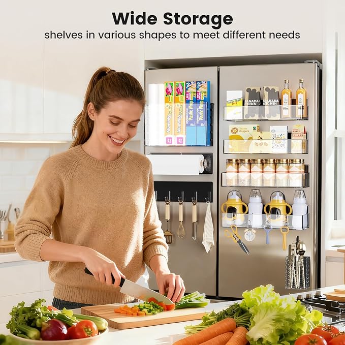 Magnetic Spice Rack for Refrigerator,8 Pack Magnetic Shelf,Fridge Magnet Organizer with Paper Towel Holder,Utensils Racks,Hook Rack,Deepened Basket,Fridge Organizers and Storage Clear(8 Pack)