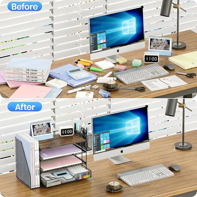 OPNICE Desk Organizer, 4-Tier Desktop File Organizer with Drawer and Pen Holders, Office Desk Accessories, File Sorters, Workspace Organizers for Office Supplies(Wood - Metal Pen Holder)
