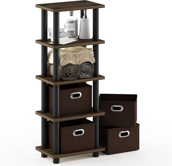 FURINNO Turn-N-Tube 4-Bins System Rack, Columbia Walnut/Black/Dark Brown