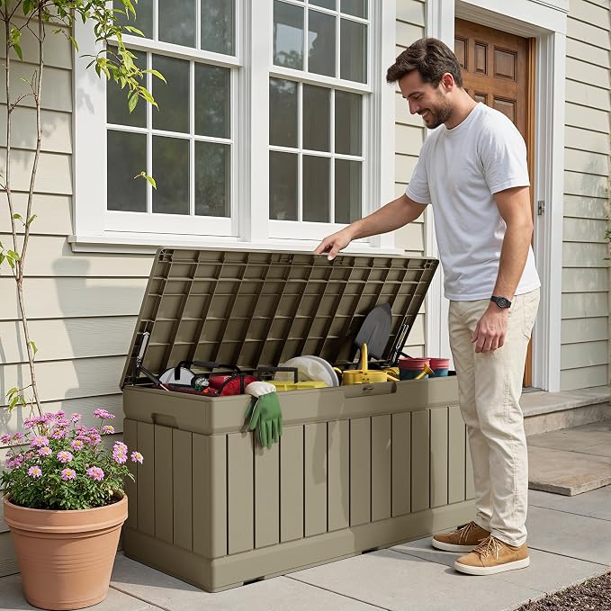 Devoko 78 Gallon Deck Box, Waterproof Resin Outdoor Storage Box | Outdoor Storage Bench Lockable for Outside and Patio Furniture, Garden Tools and Pool Supplies