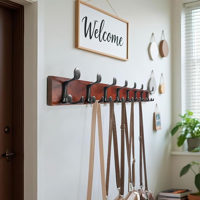 WEBI Coat Rack Wall Mount,43" Solid Wood Coat Hooks Wall Mounted Coat Hanger,16" Hole to Hole,Heavy Duty Hook Rack Rail,8 Triple Hooks for Hanging Coats,Jacket,Clothes,Hat,Backpack,Cherry