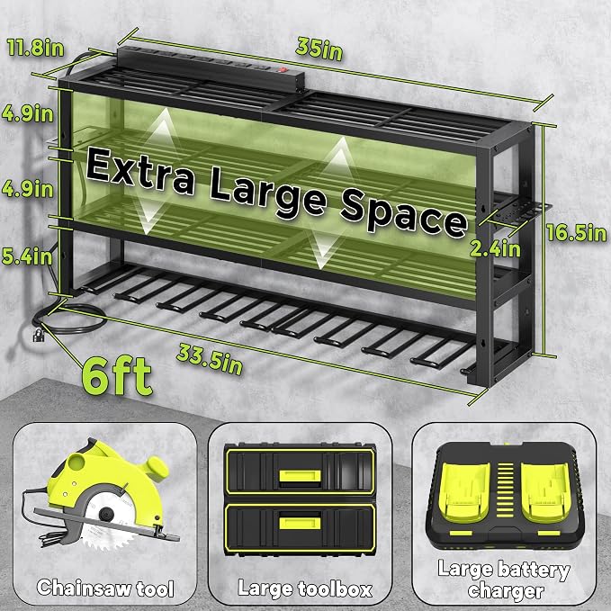Large Power Tool Organizer Wall Mount with Charging Station, 8 Outlet Power Strip, 4 Layers 8 Drill Holder Heavy Duty Metal Tool Storage Loads 420lbs with Screwdriver Holder, Utility Racks for Garage