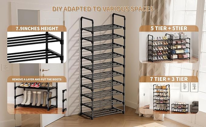 Shoe Rack, 10 Tier Shoe Storage Organizer,Fit 30-35 Pairs Shoes,Metal Tall Shoe Shelf for Closet,Entryway, Hallway,Garage,Bedroom,Cloakroom