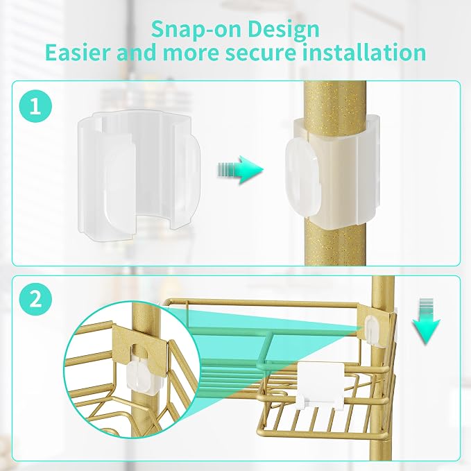 HapiRm Corner Shower Caddy Shelves - Shower Rack with Toothbrush Holder | Shower Organizer with Soap Holder and 4 Hooks,Rustproof Bathroom Storage Tension Pole Available for 27.6 to 108.3 Inch - Gold