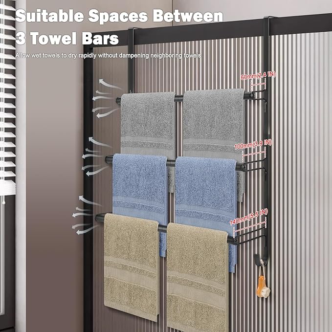 Livabber 3-Tier Over The Door Towel Rack, All Metal Towel Rack with Hooks for Door Hanging, Behind Door Towel Bar Towel Storage Holder for Bathroom Accessories, Black (19.37" L x 5.9" W x 24.4" H)