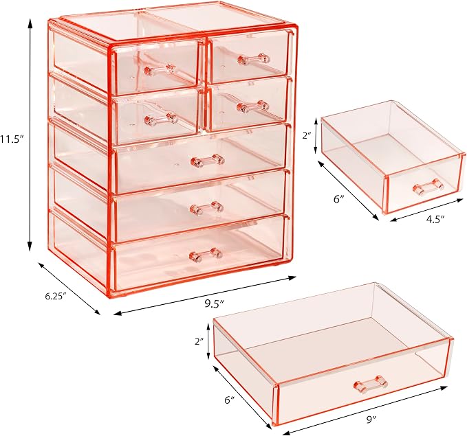 Sorbus Acrylic Makeup Organizer Set, 7-Drawer Vanity & Countertop Cosmetic Storage with Small & Wide Drawers, Pink Makeup Storage for Brushes, Lipsticks, Jewelry – Holiday Gift for Women & Teens