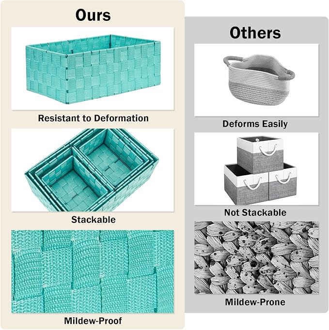 Storage Baskets with Lids: 6 Pack Stackable Woven Storage Bins, Aqua | Decorative Woven Baskets for Organizing with Built-In Handles for Shelves, Closets, Cabinets and Cubbies, Gift Small Basket