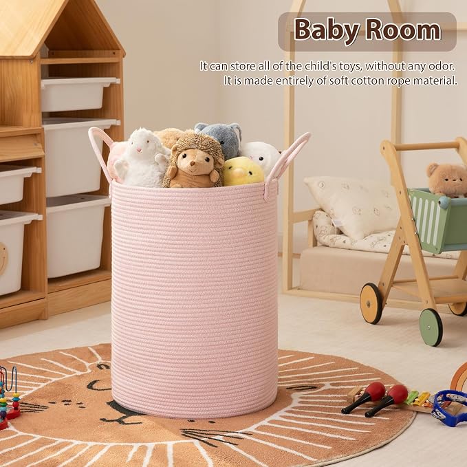 OIAHOMY Large Laundry Basket Hamper - 80L Cotton Rope Woven Basket for Blankets, Toys, Clothes - Tall Decorative Nursery Hamper with Long Handles, Pink