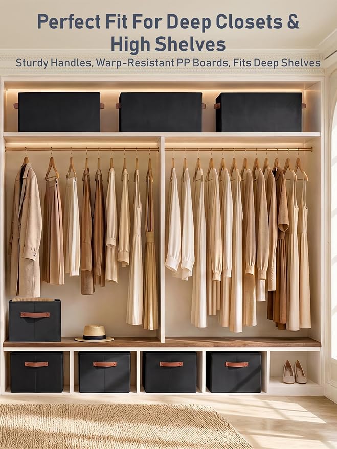 6 Pack Large Closet Storage Baskets Bins for Shelves, Collapsible Fabric Closet Organizers and Storage with Polyester Handles, Decorative Baskets for Organizing Clothes, Towels, Linen Closet 14"x10"