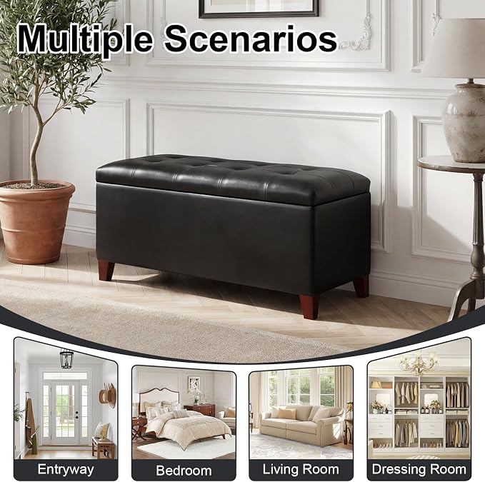 Storage Ottoman Bench, 33" Faux Leather Upholstered End of Bed Bench with Safety Hinge,Wooden Legs,for Entryway Bedroom Living Room,Black