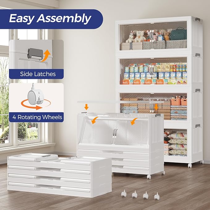 960QT Extra Large Stackable Storage Bins with Lid, 240Gal Plastic Closet Organizers and Storage Drawer, Collapsible Cabinet Box with Wheels Clear Doors for Home Kitchen Office, 6Pack White