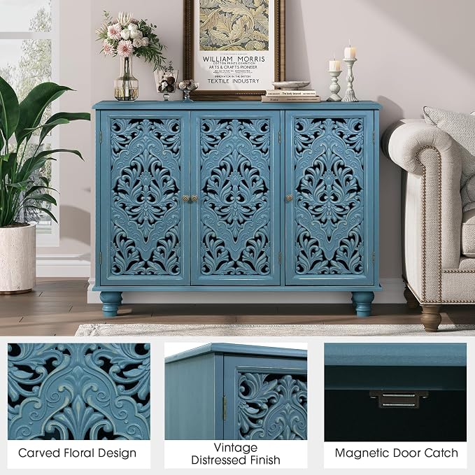 JOINICE 42.5" Accent Storage Cabinet with 3 Carved Doors,Mandala Blue | Versatile Storage for Living Room/Dining Room/Bedroom/TV Stand, Solid Wood Legs, Farmhouse/Rustic Style, Adjustable Shelf