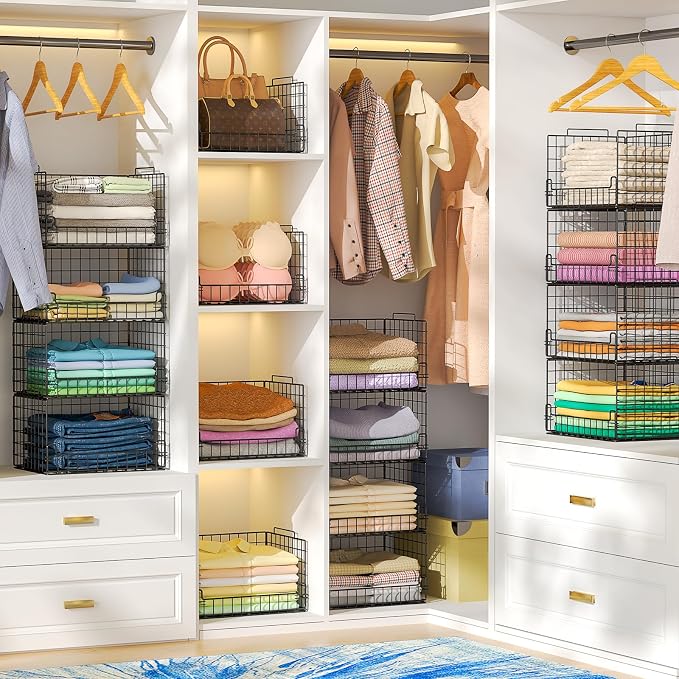 6-Tier Stackable Closet Organizers and Storage Basket - Foldable Closet Shelf Organizer System, Sturdy Metal Space-Saving Clothes Storage Bins for Wardrobe, Black