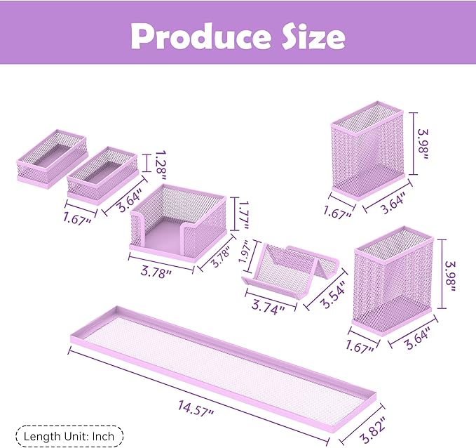 Pen Holder for Desk, 6-Piece Mesh Desk Organizer with Phone Holder, Purple | 6-Piece Black Mesh Desk Set Includes Pen Cups, a Sticky Note Caddy and Phone Holder for Office, School, Home