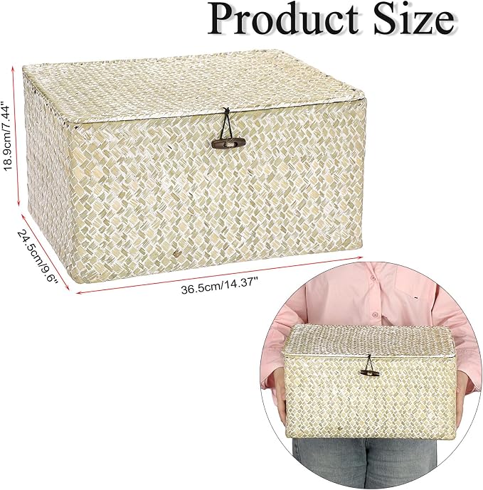 Hipiwe Wicker Shelf Baskets Bin with Lid, Large Seagrass Basket Storage Box | Handwoven Natural Baskets for Shelf Organizer, Rectangular Household Basket Boxes for Home Decor, Whitewash