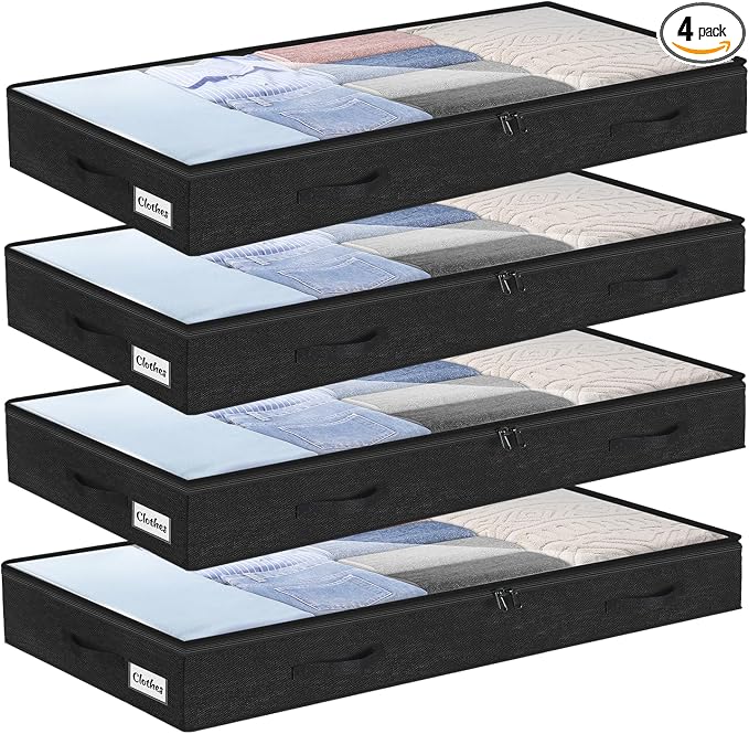 4 Inch Low Profile Under Bed Storage Drawer 4 Pack, Lightweight Underbed Clothes Storage Container Bins With NO STURCTURE, Shallow Storage Bag for Dorm & Home, With Clear Lids & Water-Resistant Fabric