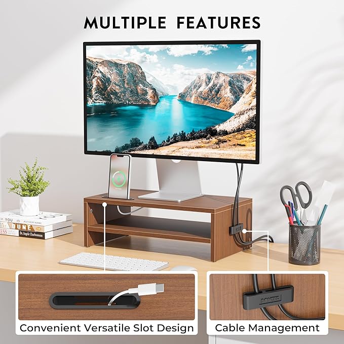 BONTEC Wooden Monitor Stand Riser for Desk, 2-Tier Computer Monitor Stand | 66 lbs Desk Shelf Organizer with Storage, Laptop & Printer Stand with Phone Holder and Cable Management, Walnut, 16.5 Inch