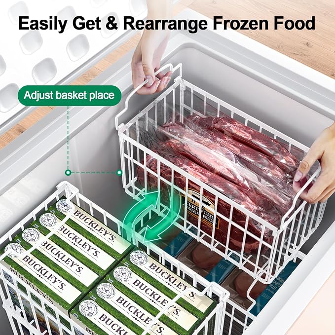 Freezer Organizer Bins, 6 Pack Stackable Deep Chest Freezer Organizer Bins, Foldable Freezer Baskets with Handles, White Freezer Storage Organizer Baskets for 7 Cu.FT Deep Freezer Sort Frozen Meats