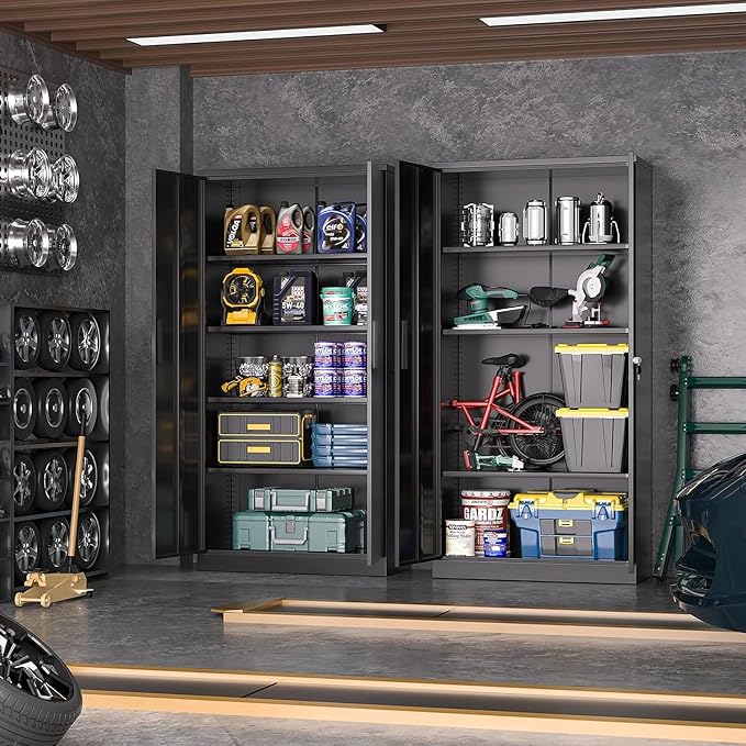 Greenvelly Metal Garage Storage Cabinet, 72” Locking Black Tool Steel Cabinet with Doors and 4 Shelves, Tall Metal Cabinets with Garage Storage Systems for Home Office, Kitchen/Pantry