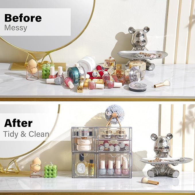 Prsildan Acrylic Makeup Organizer Clear Storage Drawer with 6 Small Drawers | Transparent, Vanity Organizers, For Bathroom Kitchen Cabinet Office Desk Under Sink, Set of 2