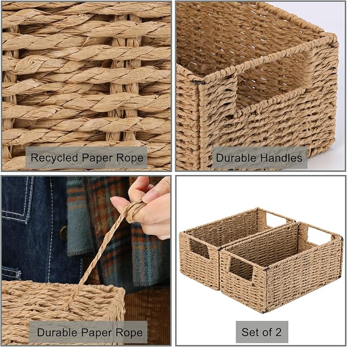 Vagusicc Wicker Storage Basket, Set of 2 Hand-Woven Paper Rope Wicker Basket, Small Storage Baskets for Organizing Toilet Paper, Foldable Large Cube Storage Organizer Bins for Shelves (Natural)