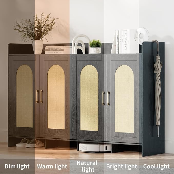 Garvee Shoe Cabinet Storage for Entryway, Rattan Shoe Rack with 4 Doors | Farmhouse Boho Wood Shoe Organizer Cabinet for Entrance Hallway Living Room Foyer