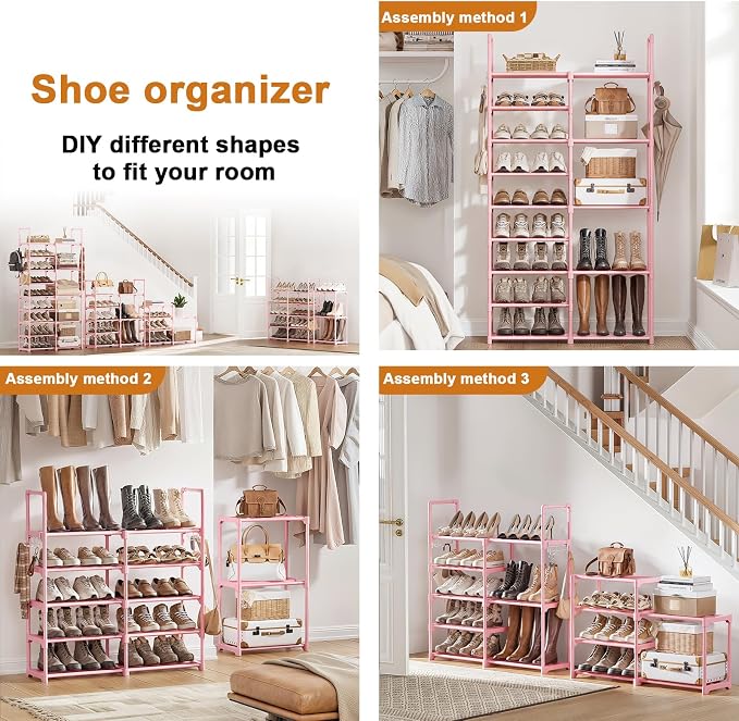 WOWLIVE 9 Tier 2-Column Shoe Rack, 30-35 Pairs Stackable Pink | Compact 33.75in long fits narrow spaces. Removable layers for boots/heels. Split design for flexible layout.