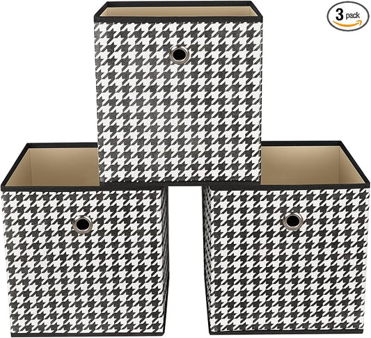Foldable Storage Cubes Bins,11 Inch Cloth Storage Cube Fabric Storage Box Cubes Organizer Baskets with Dual Handles for Home Organizer Set of 3 (Houndstooth)