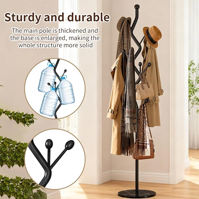 68.9 Inch Tall Modern Coat Rack,Black Freestanding Coat Rack Tree,Heavy-Duty Metal Coat Rack Freestanding with Sturdy Marble Base for Entryway,Hallway,Bedroom,Holds Coats Hats Bags Scarves
