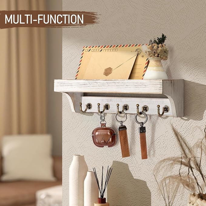 Rebee Vision Key Holder Wall Mount with Shelf for Living Room, Whitewash | 5 Key Hooks, Pine Wood, Rustic Key Holder for Wall, Mail Organizer, Letter Storage, Practical Home Organization