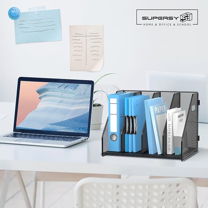 SUPEASY Binder Organizer, Magazine File Holder with 4 Vertical Rack, Black | Metal Desk File Organizer & Binder Holders, Magazine Organizers for Office Desktop, Home, School, Classroom