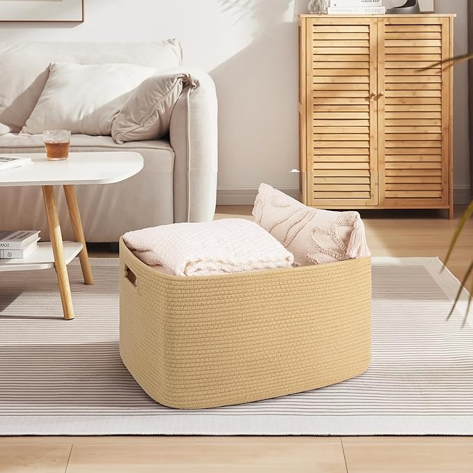 OIAHOMY 75L Large Blanket Basket, Woven Cotton Rope Baskets for Organizing 22”x17”x12”, Blanket Basket living Room, Toy Storage Bins for Nursery, Yellow