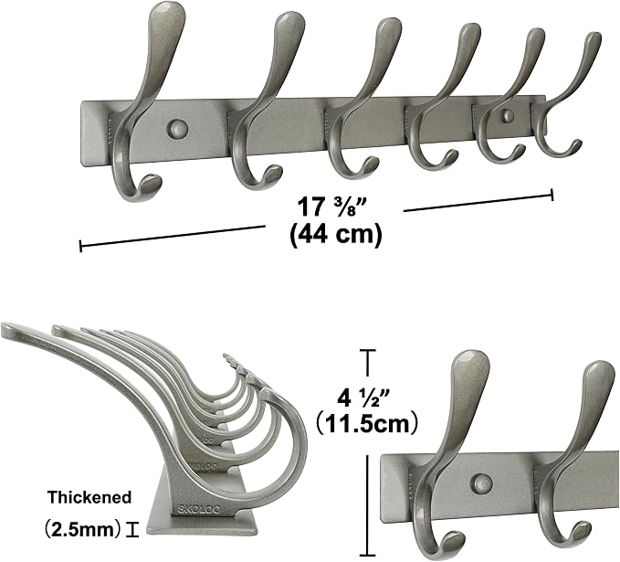 SKOLOO Coat Rack Wall Mounted - 6 Hooks, Heavy Duty, Stainless Steel, Metal Wall Hangers, Sturdy Coat Hooks for Hanging Coats, Jacket, Clothes, Hat, Matte Grey