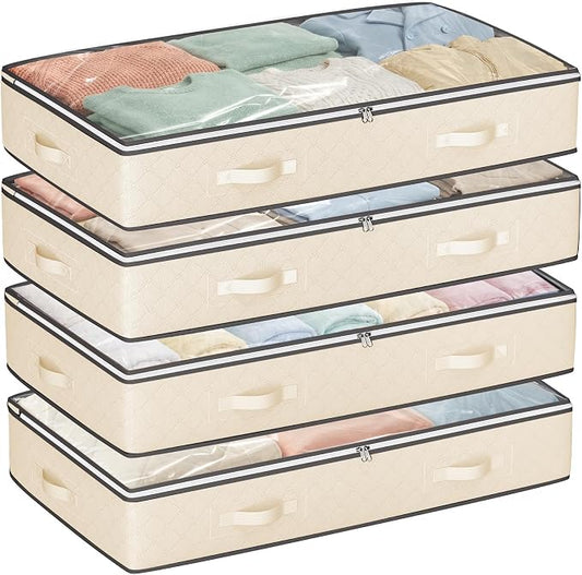 Budding Joy 90L Underbed Storage Containers, 4 Pack Closet Organizers Beige | Storage bins, foldable underbed storages bags for blankets, comforter, sweaters, pillows, linen sheets, wrapping paper