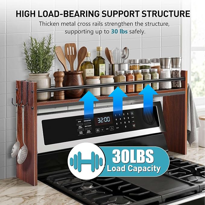 Spice Rack Shelf for Kitchen Stove, Over The Stove Shelf with 4 Hooks, Premium Wood & Metal Commbined Spice Rack Organizer Extra Storage Countertop (Walnut)
