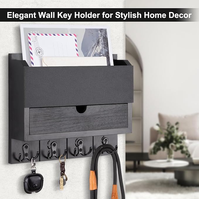 Mail and Key Holder Wall Mount with Storage Drawer & Chalkboard Panel | Modern Wooden Mail Organizer for Wall Entryway, 7 key hooks, Stylish Home Decor for Apartments, Living Room, Office