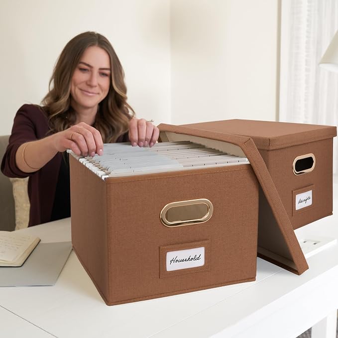 Decorative File Organizer Box Set of 2 - Collapsible Linen Filing Cabinets with Handles Are Perfect to Store All Your Documents & Hanging File Folders - Portable Easy Slide Office Crates with Lid