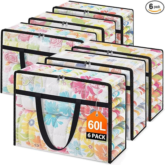 6 Packs 60L Clear Under Bed Storage Containers, Large Clothes Storage Bags | Heavy Duty Large Capacity Foldable Moving Bags with Sturdy Handles, Clothing Organizer Totes for Bedding Comforter Sheet