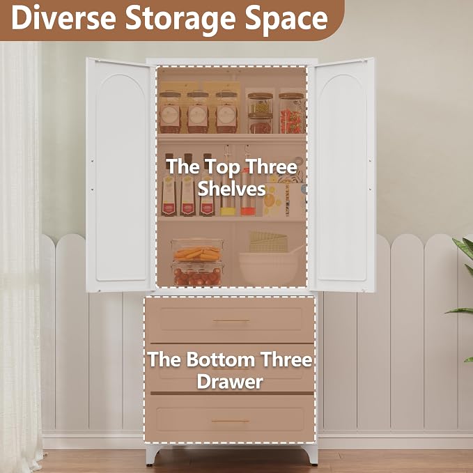 Polup 75" Tall White Metal Pantry Storage Cabinet with 3 Drawers | Heavy-Duty Steel Kitchen Cabinet, 2 Adjustable Shelves & Magnetic Doors, Leveling Feet, for Dining Living Room, Laundry