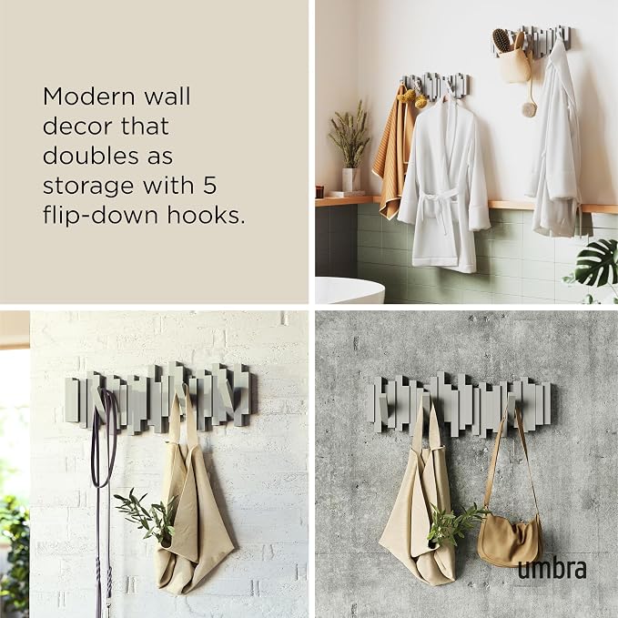 Umbra Sticks Wall Mount Coat Rack, 5 Hook Retractable Pegs, Grey | Mounting hardware included, sculptural modern design, entryway or bedroom use, recycled plastic