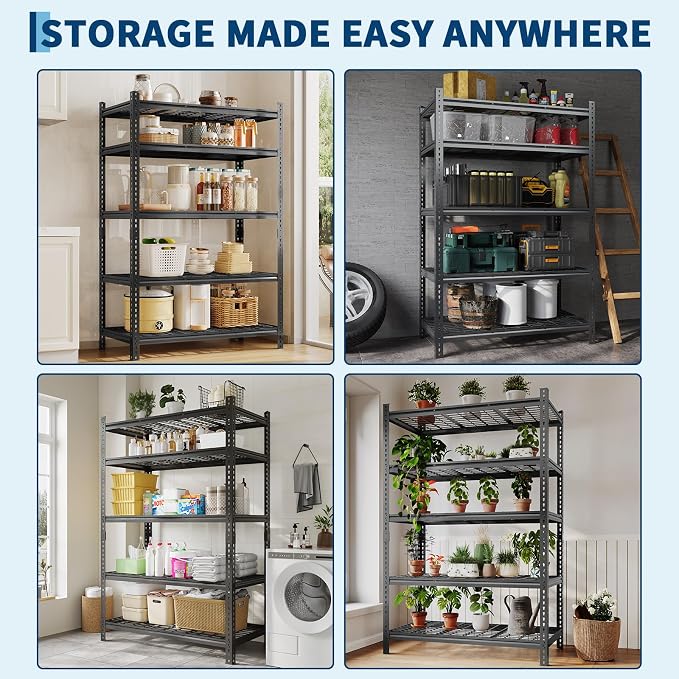 Heavy Duty Metal Storage Shelves - 5-Tier Adjustable Shelving Unit with 2500 LBS Load Capacity for Garage, Pantry, Basement, Bathroom, Laundry Room Organizer, 36" Long x 16" Wide x 72" High