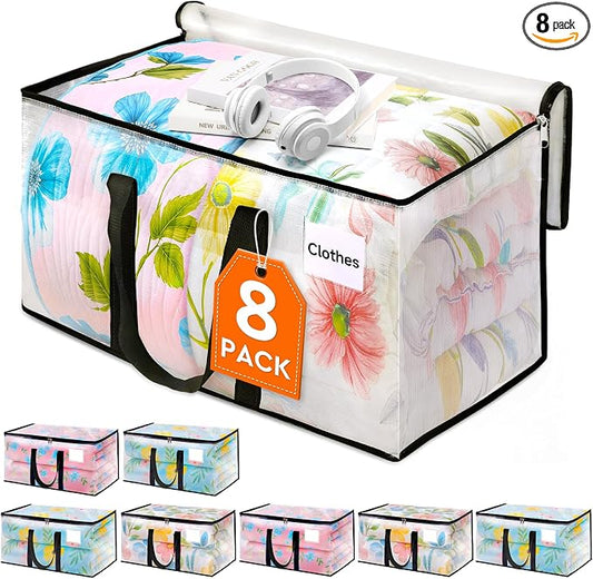 HomeHacks Moving Bags, Heavy Duty Storage Bags for Clothes, 8 Pack 93L | Waterproof moving bag with zipper and Handles, clear storage bags packing bags for moving, camping, home organization, 24Gal