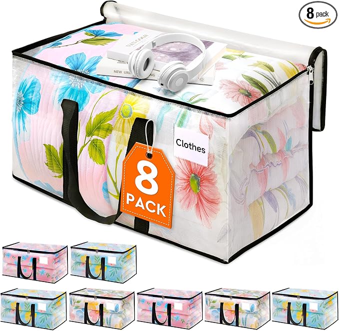 HomeHacks Moving Bags, Heavy Duty Storage Bags for Clothes, 8 Pack 76L | Waterproof moving bag with zipper and Handles, clear storage bags packing bags for moving, camping, home organization, 20Gal