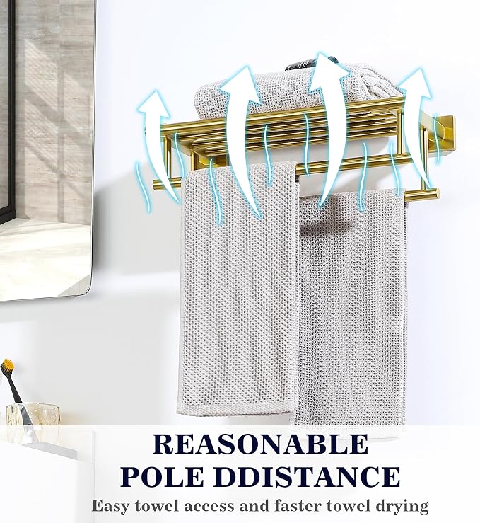 Alise Double Towel Rack for Bathroom Wall Mounted 16 Inch,Gold | Bathroom Tower Holder Towel Shelf with Double Towel Bars,SUS304 Stainless Steel Towel Rack with Shelf for Lavatory Kitchen