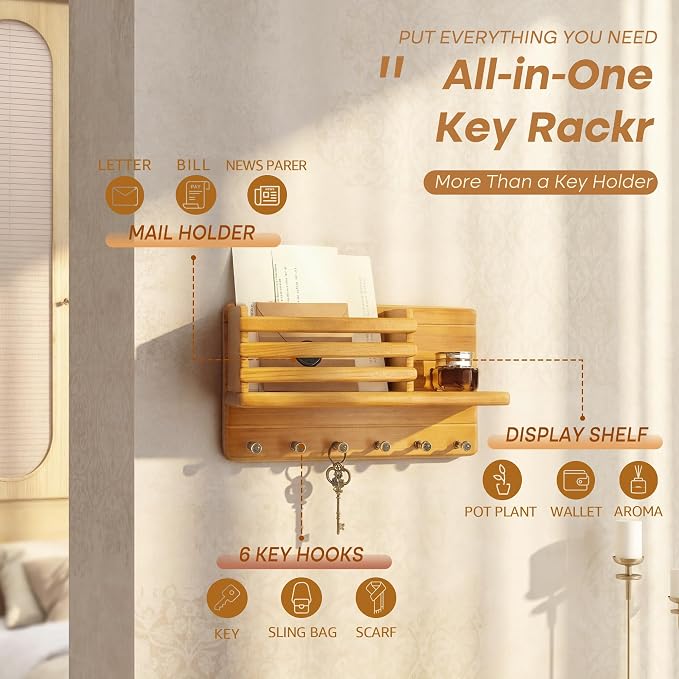 Rebee Vision Key Holder Wall Mount with Mail Slot for Home Decor, Yellow | Pine Wood, Key Holder for Wall, Storage Shelf, 8 Hooks, Mail Holder, Bedroom, Apartment Decor, Home Decor, Decorative Storage