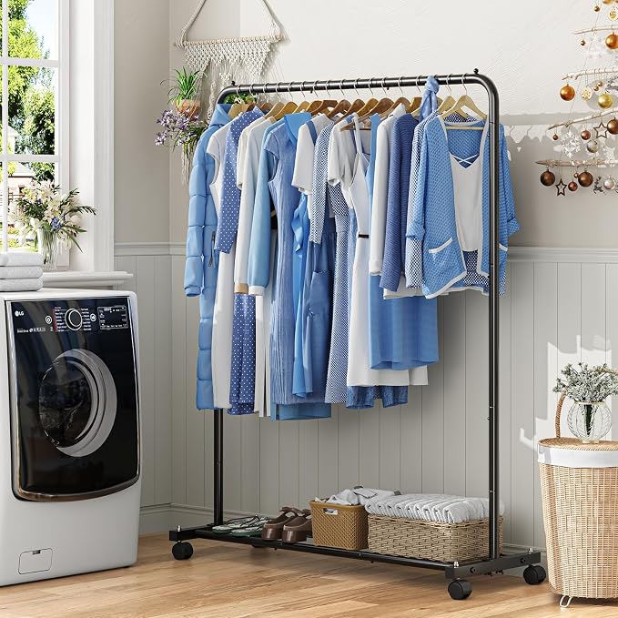 Simple Trending Clothing Rack for Hanging clothes, Portable Garment Rack with Bottom Shelf, Metal Clothes Rack on Wheels for Bedroom, Laundry Room, Black