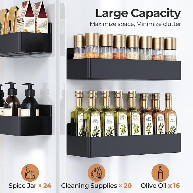 Mystozer Magnetic Spice Rack for Refrigerator, Kitchen Organizer and Storage Shelf, Black (2 Pack)…